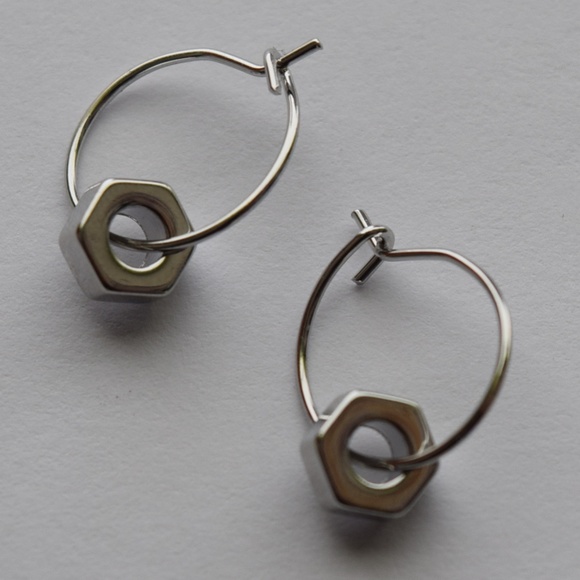 Silver Hex Nut Earrings - Picture 1 of 4